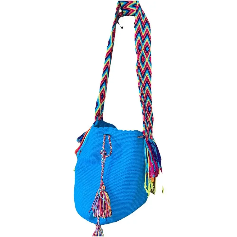 Handmade Woven Bucket Bag Made in Columbia Aqua Blue Rainbow